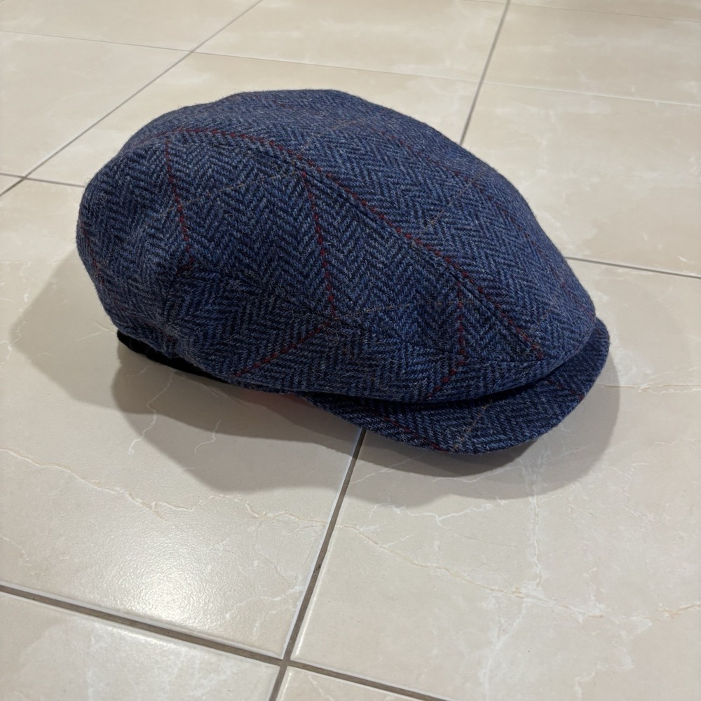 NWT Mucros Weavers Kerry Wool Cap Men Large Blue Herringbone Plaid Flat Cap